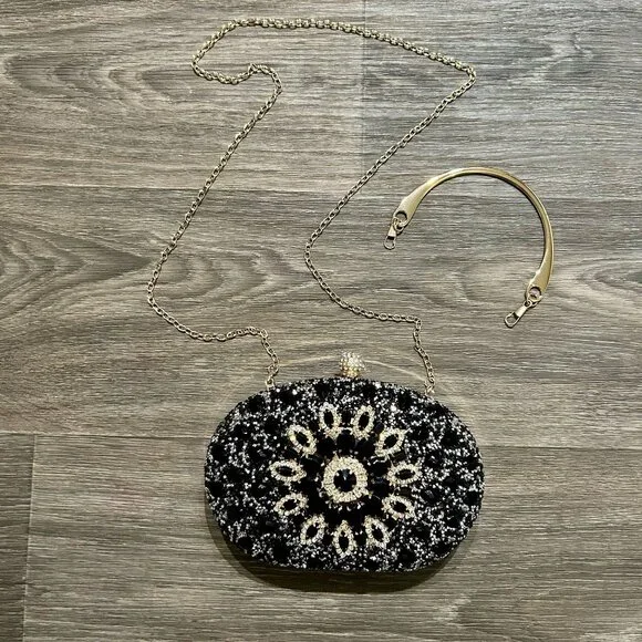 NEW Ramla Bejeweled Crystal Evening Bag Black Gold Chain Strap Top Handle Prom - Picture 4 of 11